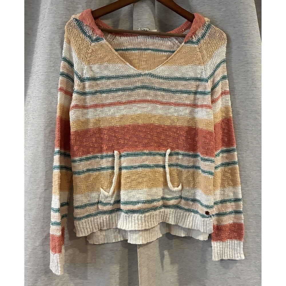 ROXY Hoodie Womens S Pullover Striped Knit Beach Boho Hooded Long Sleeve T-321